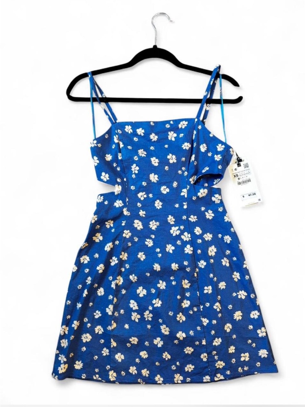 Zara Printed Linen Dress with Cutouts Blue Floral NWT Size XS